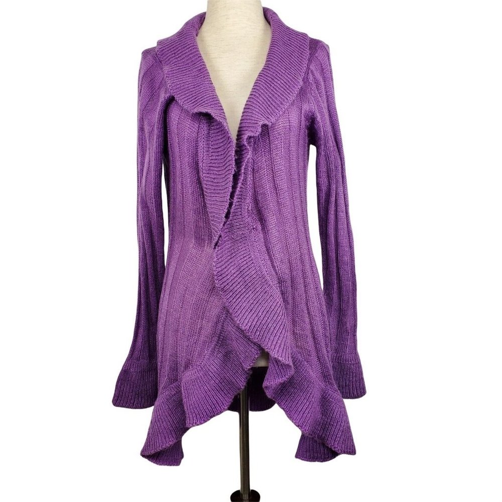 Brittany Black Women Sweater sz M purple ruffle cardigan knit